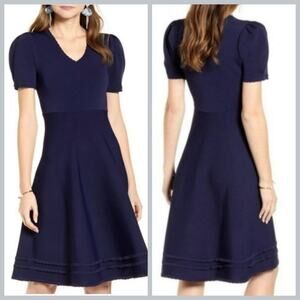 Rachel Parcell Navy Knitted A-line Dress Scalloped Details
